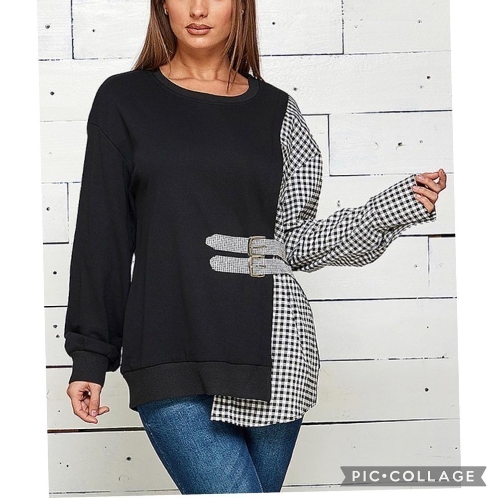 1 Left!! SO Cute!! Black n White Plaid & Solid Black Top